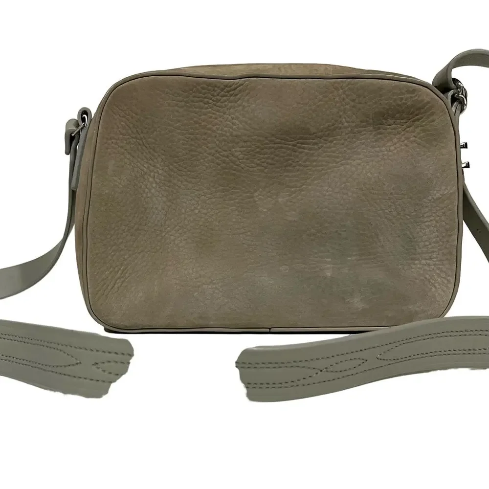 All Saints Crossbody Purse Shoulder Camera Bag Leather Taupe Gray Stitching